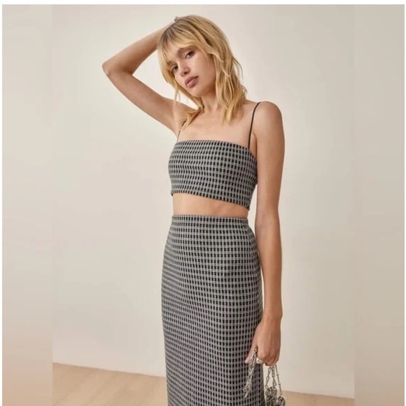 Reformation Callista Two Piece Set Gingham Spaghetti Strap Skirt Top - Picture 2 of 5